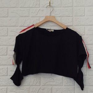 Hot and Delicious black crop cropped‎ top w/ racing stripes t shirt women's sz L